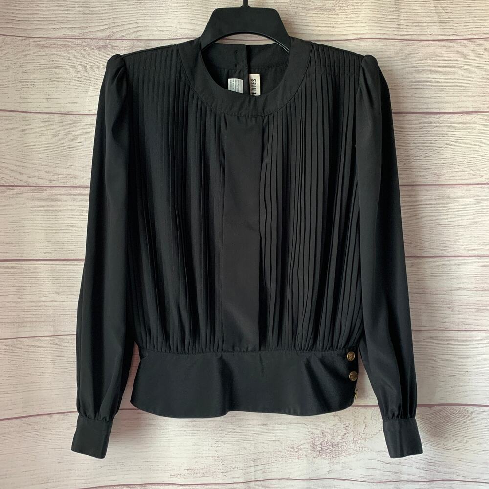 Vintage Chaus Petites Black Pleated Blouse Size 8